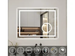 AICA espejo 80 x 60 cm,rectangular,con función antivaho,Bluetooth，lupa 3x,reloj led, espejo con luz de 3 colores,brillo ajustable,función de memoria agapada