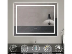 AICA espejo 80 x 60 cm,rectangular,con función antivaho,Bluetooth, espejo con luz de 3 colores,brillo ajustable,función de memoria agapada