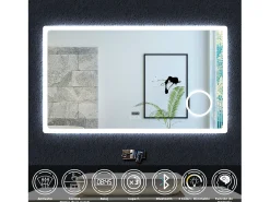 AICA espejo 120 x 70 cm,rectangular,con función antivaho,Bluetooth，lupa 3x,reloj led, espejo con luz de 3 colores,brillo ajustable,función de memoria agapada
