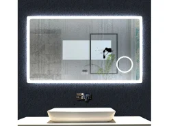 AICA espejo 100 x 60 cm,rectangular,con función antivaho,Bluetooth，lupa 3x,reloj led, espejo con luz de 3 colores,brillo ajustable,función de memoria agapada