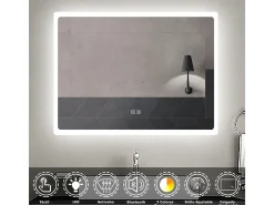 AICA espejo 800 x 600 mm,con función antivaho,Bluetooth, espejo con luz de 3 colores,brillo ajustable,función de memoria agapada