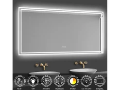 AICA espejo 1600 x 800 mm,rectangular,con función antivaho,Bluetooth，espejo con luz de 3 colores,brillo ajustable,función de memoria agapada