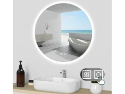 AICA Espejo de baño con iluminación LED Espejo redondo,80 x 80 cm,luz 3 colores, antivaho, brillo ajustable, memoria de apagado