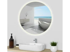 AICA Espejo de baño con iluminación LED Espejo redondo,80 x 80 cm,luz 3 colores, antivaho, brillo ajustable, memoria de apagado