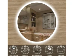 AICA Espejo de baño con iluminación LED Espejo redondo,120 cm, antivaho, brillo ajustable, memoria de apagado