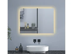 AICA Espejo de baño con luz LED,80 x 60 cm,luz tres colores+ antivaho+ brillo ajustable+ función de memoria agapada