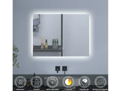 AICA Espejo de baño con luz LED,80 x 60 cm,luz tres colores+ antivaho+ brillo ajustable+ función de memoria agapada