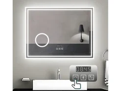 Aica Espejo de baño LED 80×60 cm,Reloj,Lupa,Bluetooth