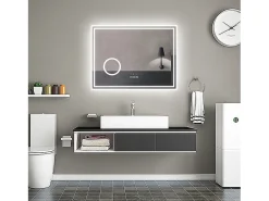Aica Espejo de baño LED 80×60 cm,Reloj,Lupa,Bluetooth