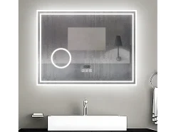 Aica Espejo de baño LED 80×60 cm,Reloj,Lupa,Bluetooth