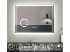 Aica Espejo de baño LED 80×60 cm,Reloj,Lupa,Bluetooth