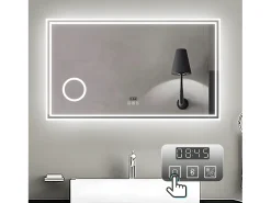 Aica Espejo de baño LED 120×70 cm,Reloj,Lupa,Bluetooth