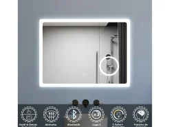 Aica Espejo de baño LED 80×60cm,Bluetooth,Espejo de aumento