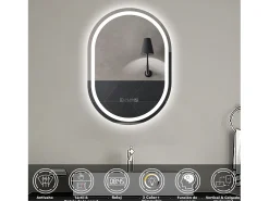 Aica Espejo de baño LED 60×80cm,reloj,antivaho,luminosidad regulable,ovalado