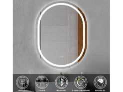 Aica Espejo de baño LED 50×70cm, Bluetooth, antivaho, brillo ajustable
