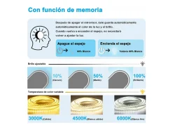 Aica Espejo de baño LED 50×70cm, Bluetooth, antivaho, brillo ajustable