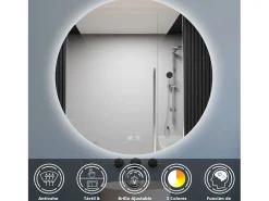Aica Espejo de baño redondo LED 70×70cm, antivaho, luz tricolor regulable, función memoria