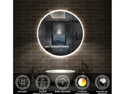 Aica Espejo redondo de baño LED 60cm,antivaho,brillo ajustable