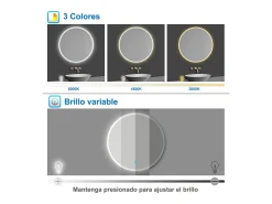 Aica Espejo redondo de baño LED 60cm,antivaho,brillo ajustable