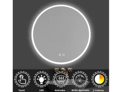 Aica Espejo redondo de baño LED 70cm,antivaho,brillo ajustable