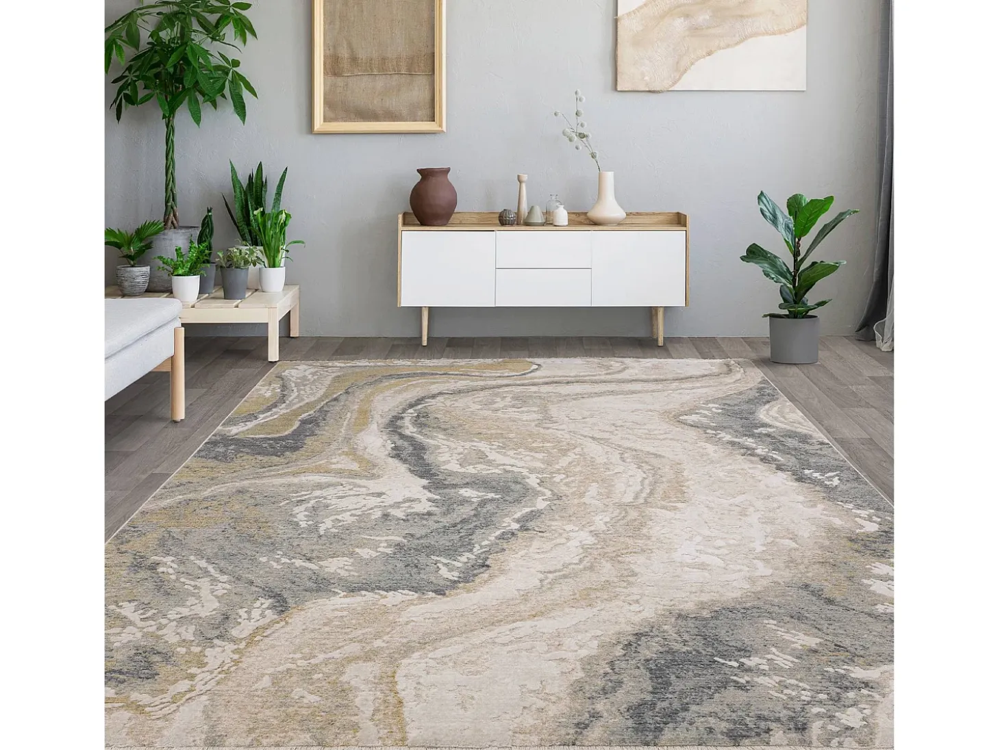Alfombra abstracta - 120x180cm - gris, crema, oro - Seville Oro