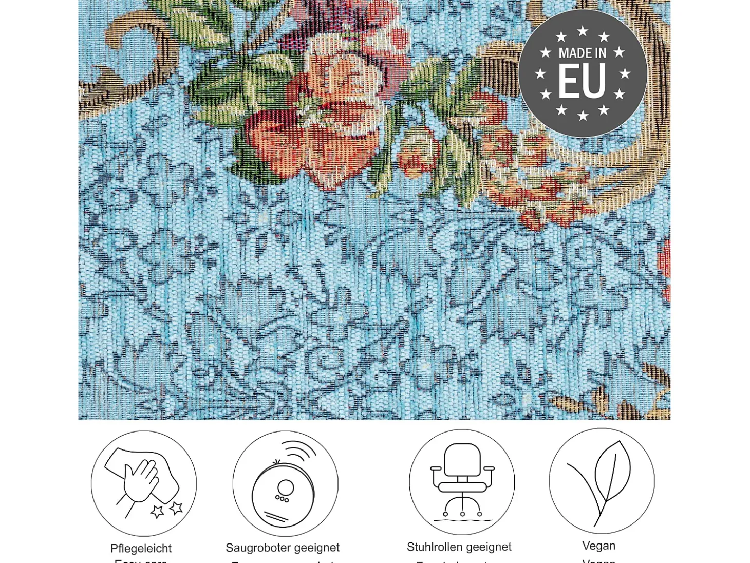 Alfombra con borde y motivos florales 60x90 cm Turquesa Flomi