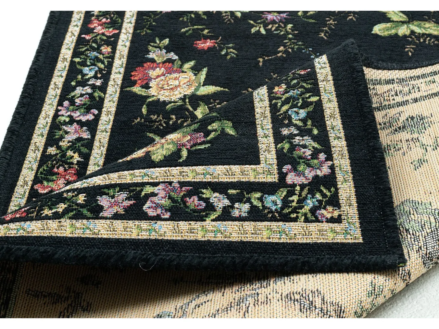Alfombra con borde y motivos florales 70x400 cm Negro Flomi