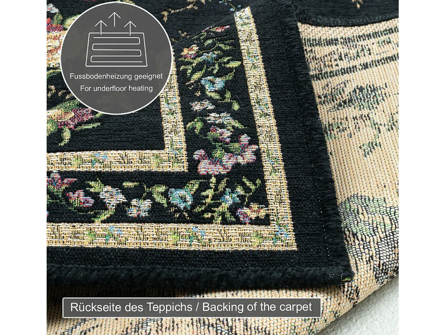 Alfombra con borde y motivos florales 80x150 cm Negro Flomi