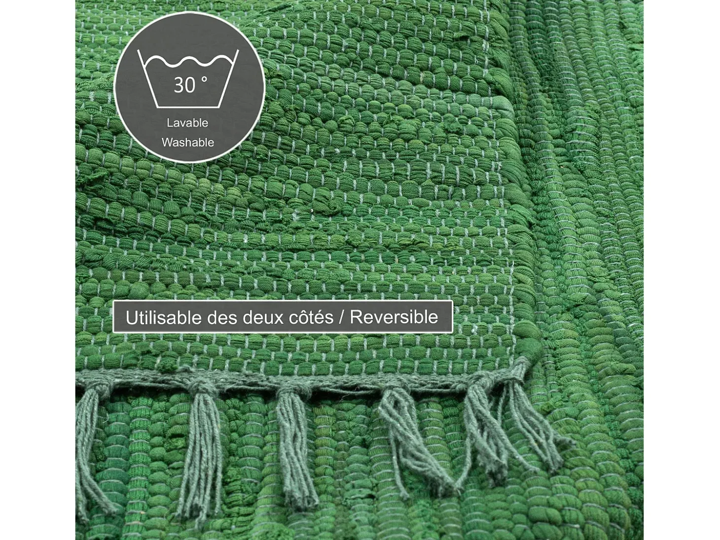 Alfombra de algodón tejida a mano y reversible 60x120 cm Verde oscuro Happy Cotton