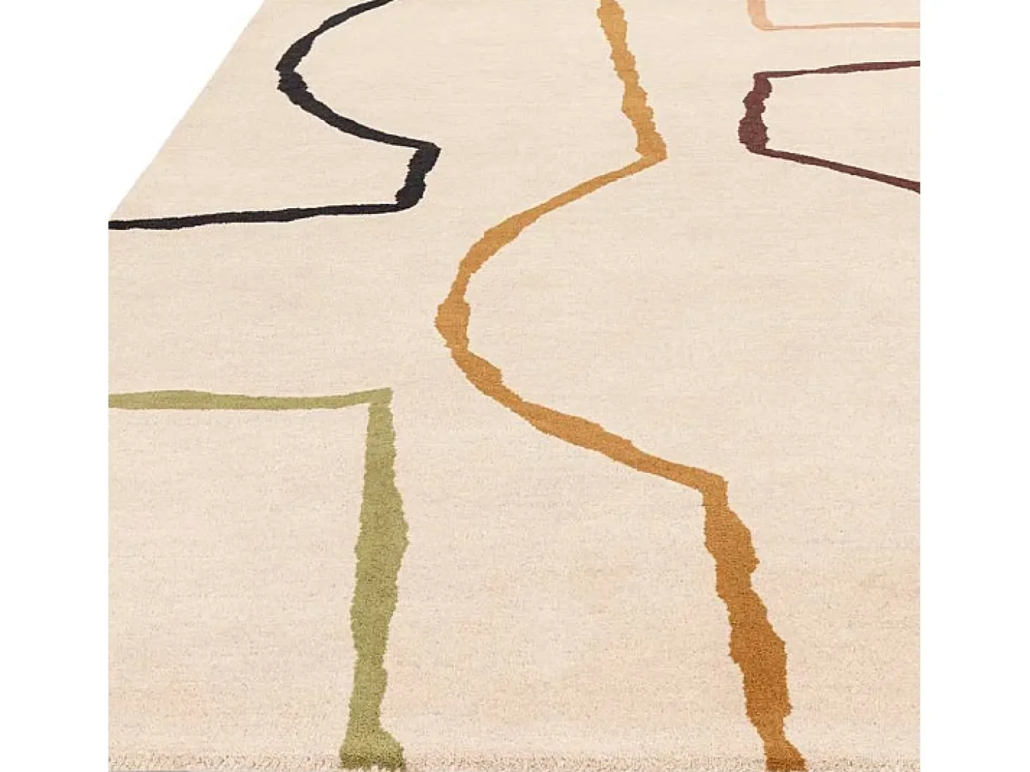 Alfombra de estilo medio siglo, hecha a mano 100% lana - 160x230cm - crema, verde, ocre, burdeos, negro - Reef Linear