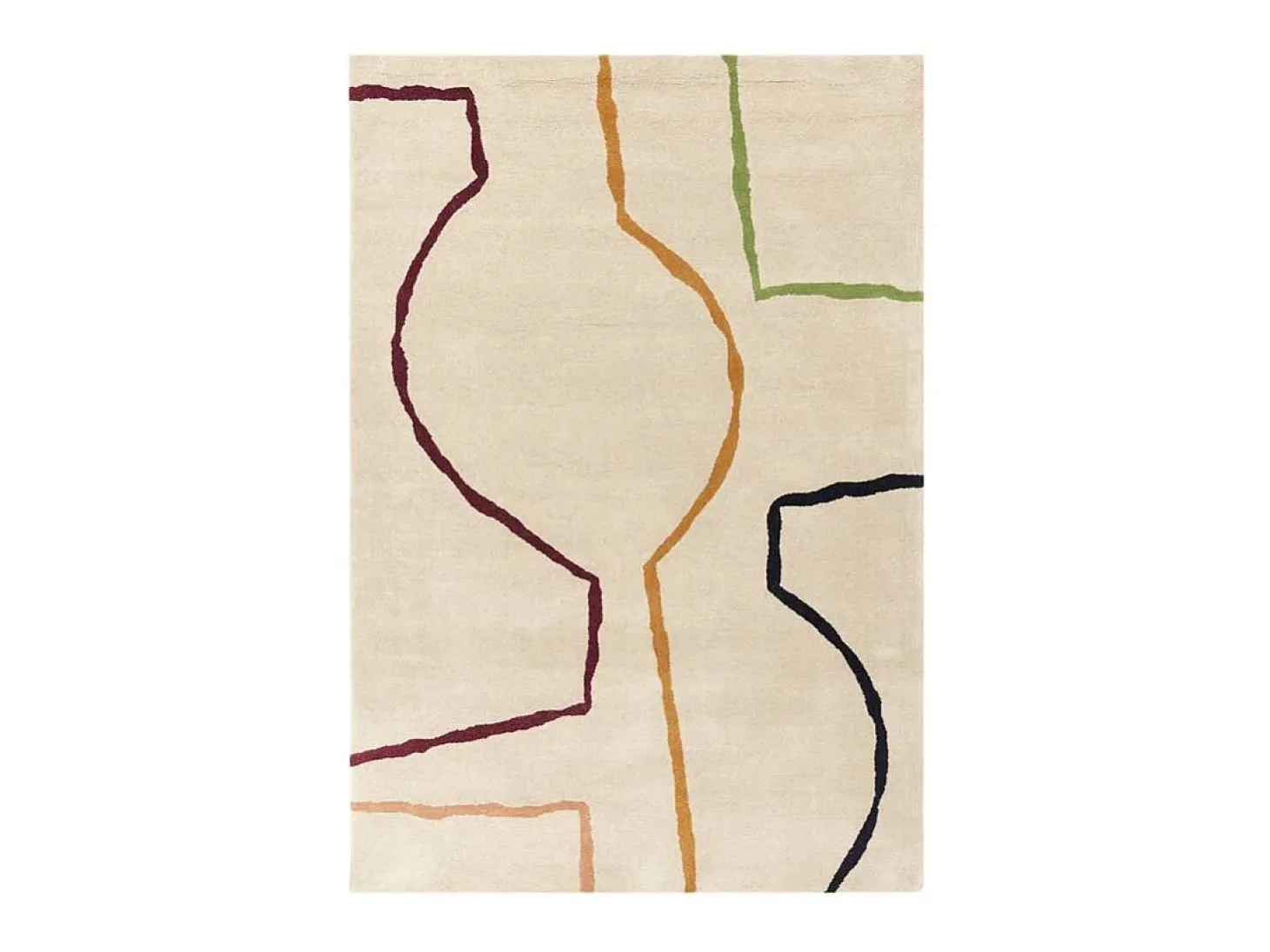 Alfombra de estilo medio siglo, hecha a mano 100% lana - 200x290cm - crema, verde, ocre, burdeos, negro - Reef Linear