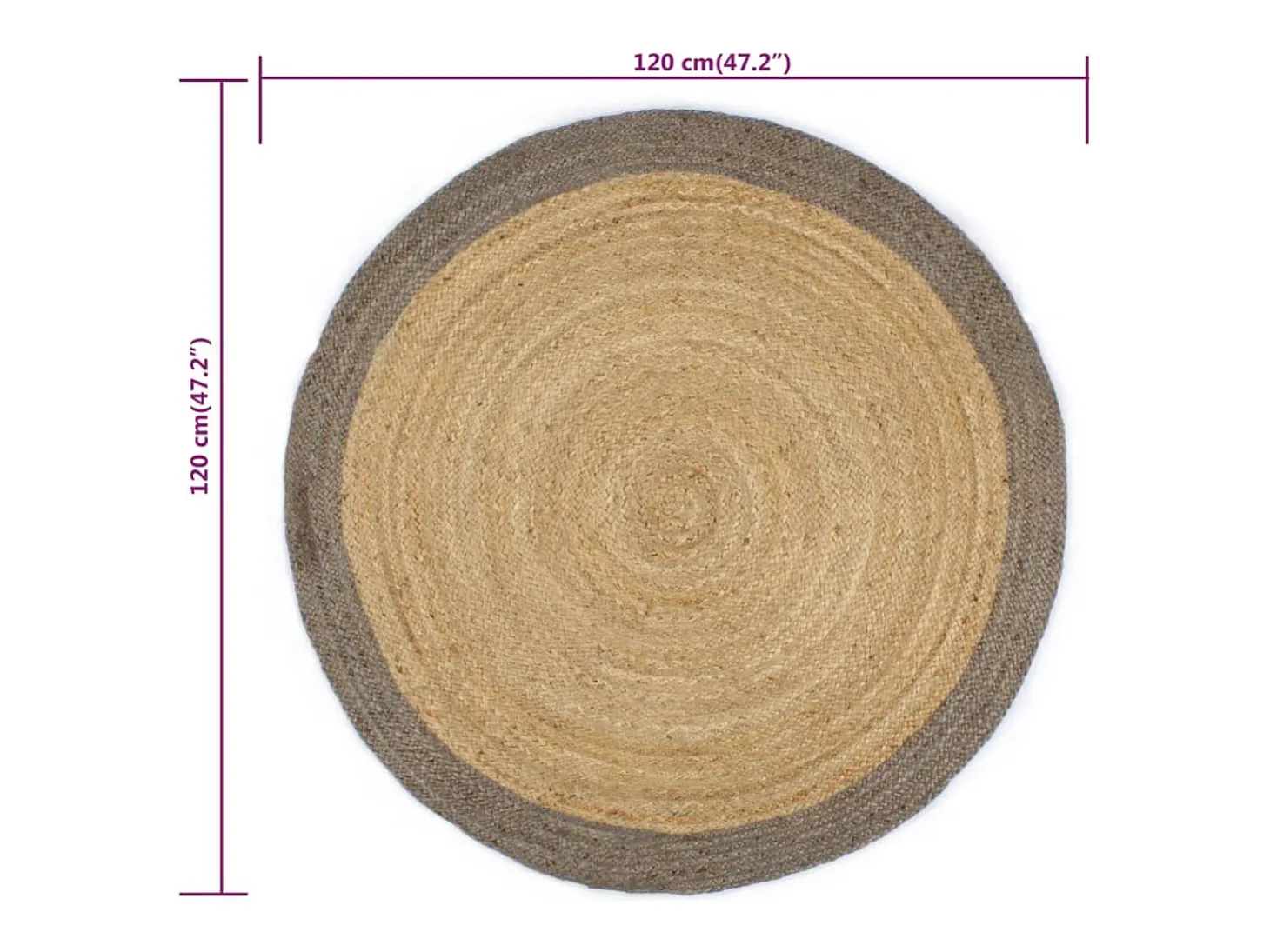 Alfombra de yute tejida a mano con borde gris 120 cm