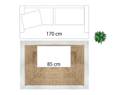 Alfombra decorativa de yute natural 120x170 cm con borde blanco de algodón, grosor 1 cm, estilo auténtico y natural
