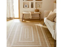 Alfombra interior/exterior efecto tela de yute beige con motivos