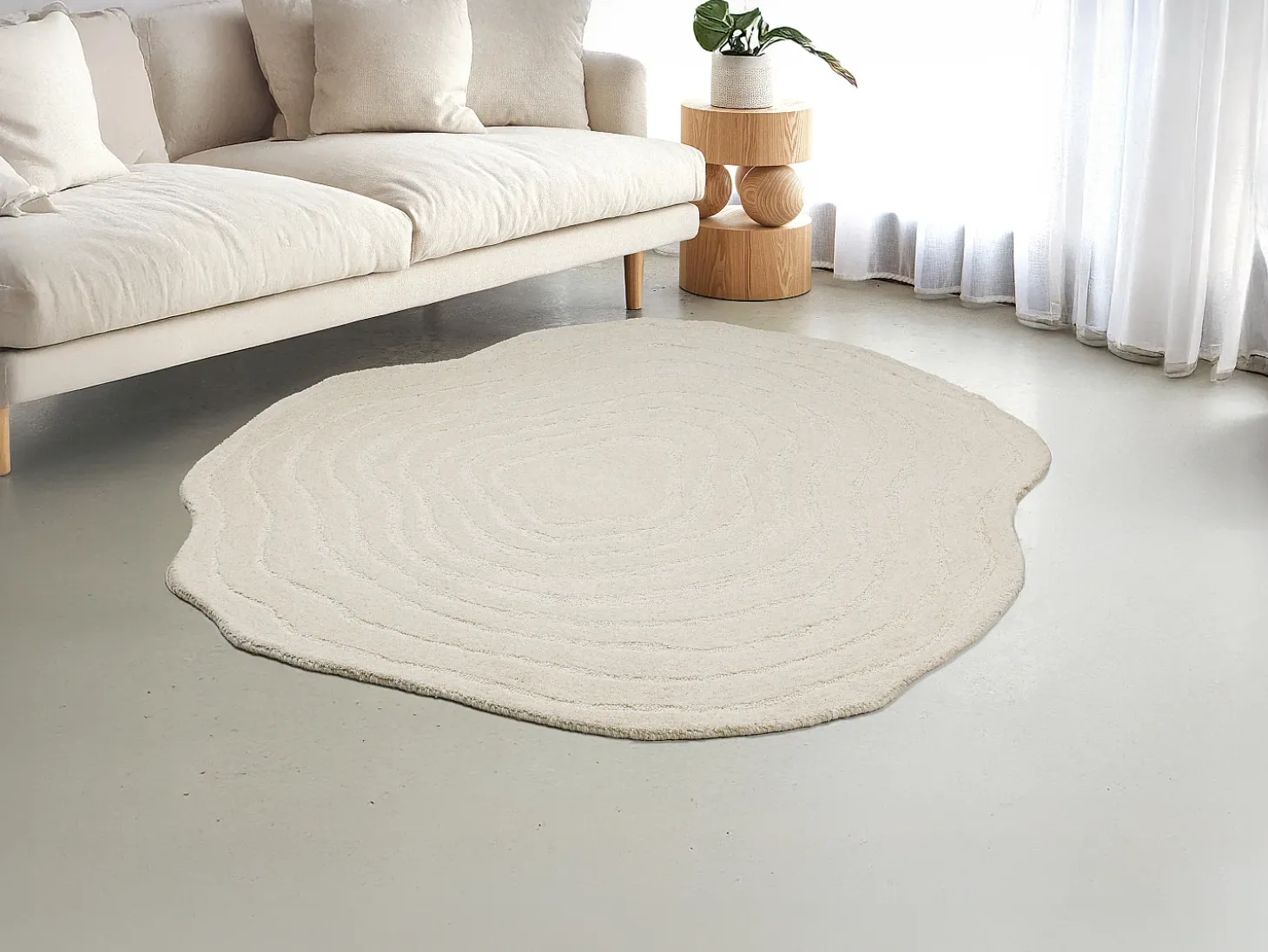 Alfombra orgánica en relieve 100% lana tufting tejida a mano, D.200 cm, Marfil, 2100g/m², ORENIA