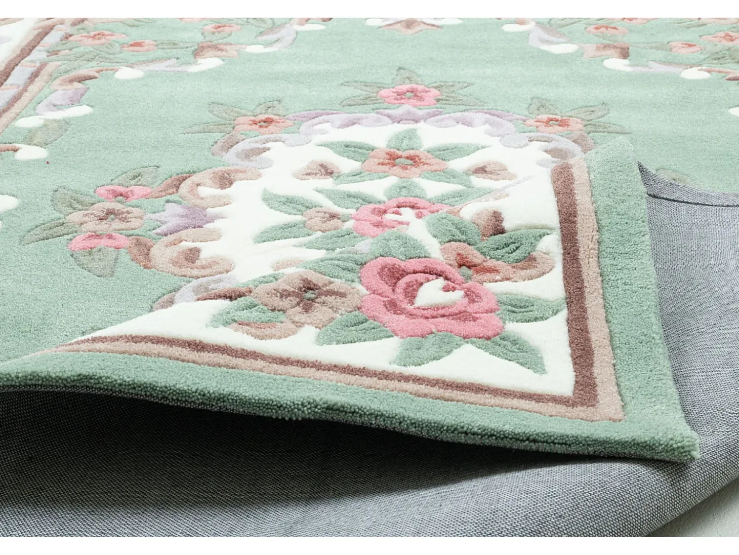Alfombra tejida a mano con borde en diseño Aubusson 70x140 cm Verde Ming