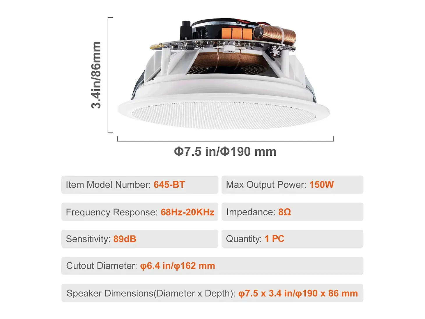 Altavoces de Techo Bluetooth SucceBuy 17cm 150W, Montaje Empotrado, Sistema de Altavoces Empotrados en Techo y Pared