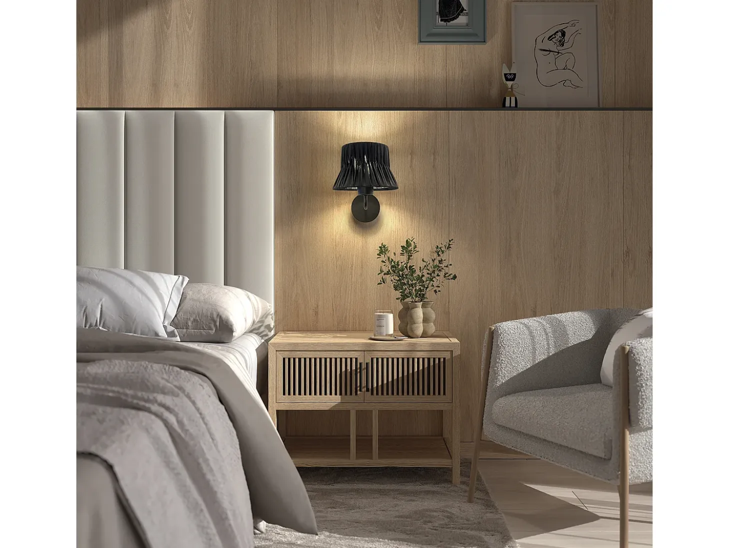 Aplique de pared CORA estilo clásico - Alt. 23,5 cm - E27 40W - pantalla cinta plisada ø20 cm - acero y negro - IP20