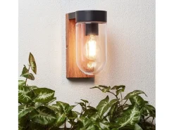 Aplique de pared exterior, madera oscura, metal negro y cristal, casquillo E27, 1 x 40 W