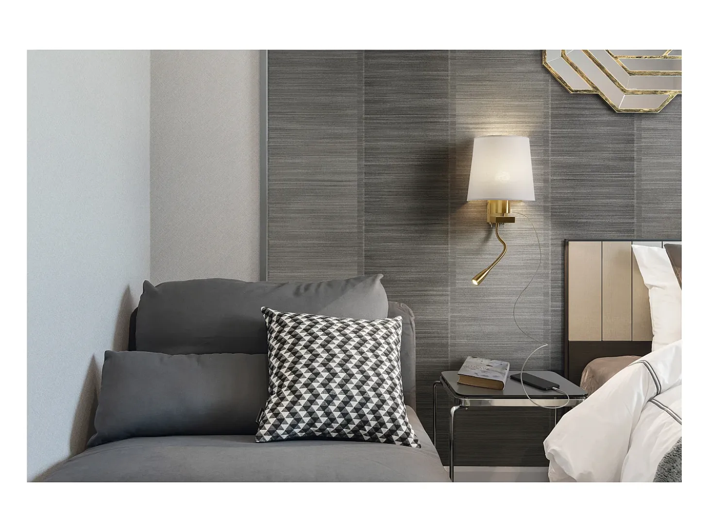 Aplique de pared FIRENZE estilo clásico - Alt. 43 cm - E27 60W + LED SMD 3W - 2x on&off - 2x USB - acero y algodón - niquel satinado y blanco - IP20