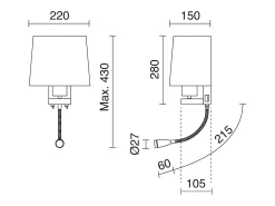 Aplique de pared FIRENZE estilo clásico - Alt. 43 cm - E27 60W + LED SMD 3W - 2x on&off - 2x USB - acero y algodón - oro mate y blanco - IP20
