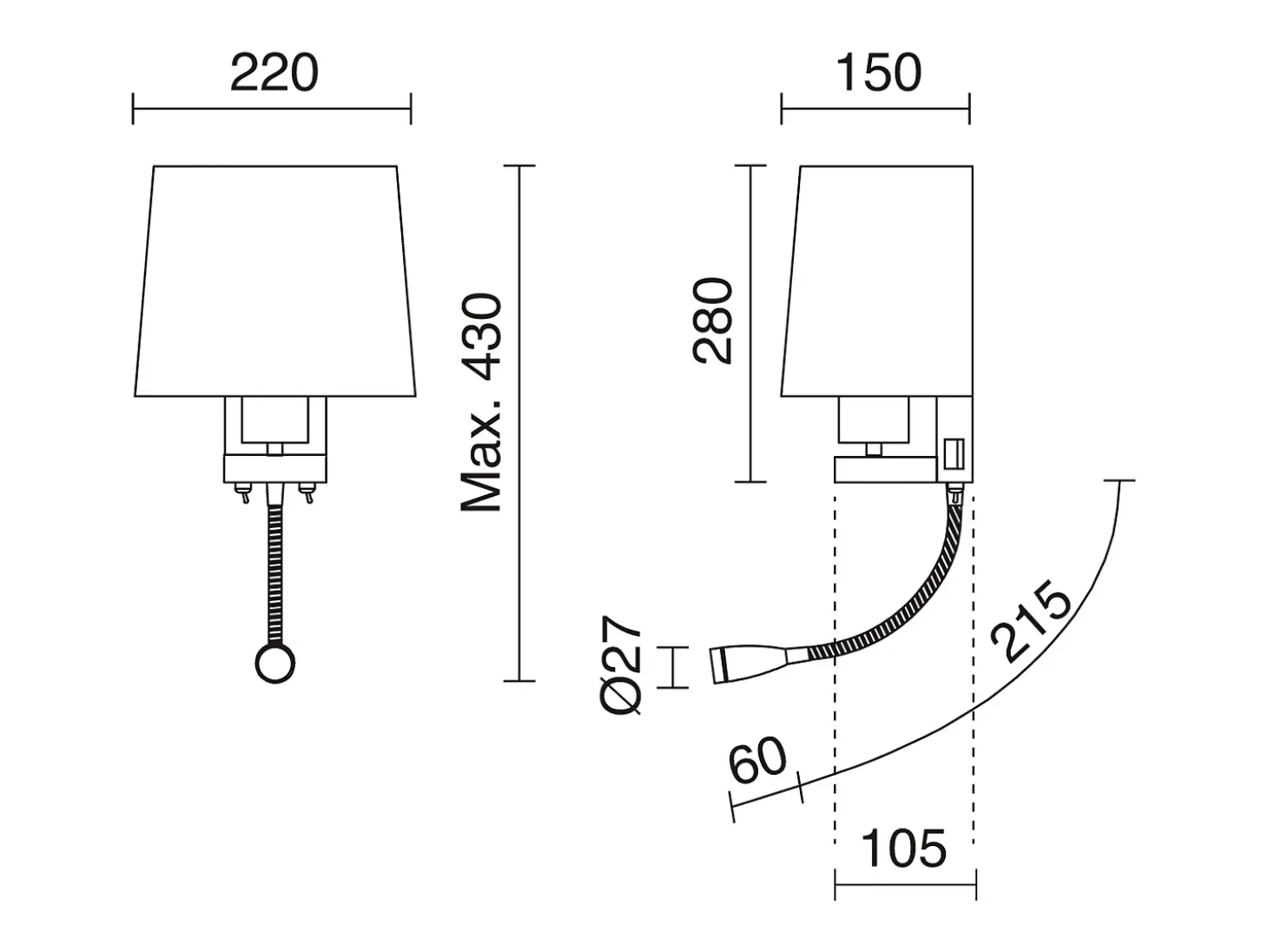 Aplique de pared FIRENZE estilo clásico - Alt. 43 cm - E27 60W + LED SMD 3W - 2x on&off - 2x USB - acero y algodón - oro mate y blanco - IP20