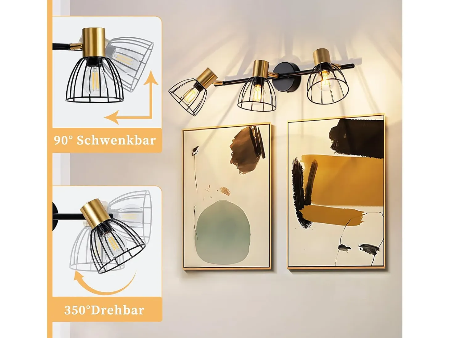 Aplique vintage NETTLIFE de metal negro, 3 focos E14, orientables 350°, estilo retro, para salón, pasillo, dormitorio (bombillas no incluidas)