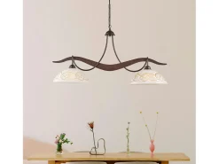 Bilbao - Lámpara de hierro lacado en negro con decoración. Efecto óxido y difusores de cristal d. 30 blanco y ámbar 2 luces L. 89 X 30