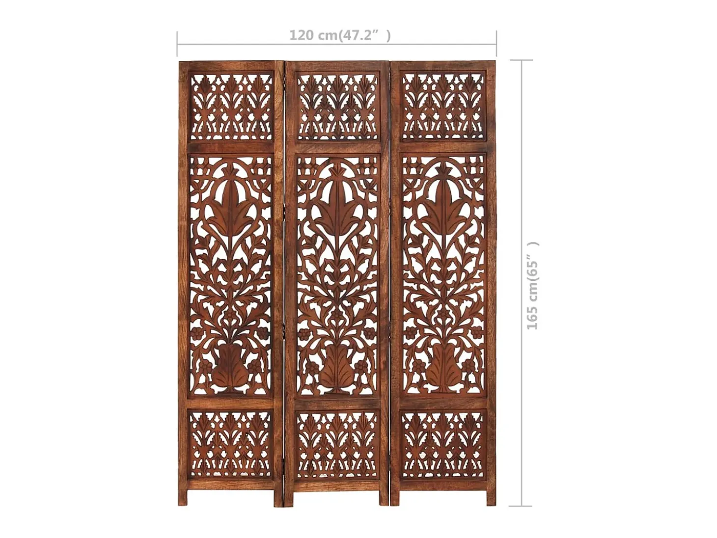 Biombo 3 paneles tallado a mano madera mango marrón 120x165 cm