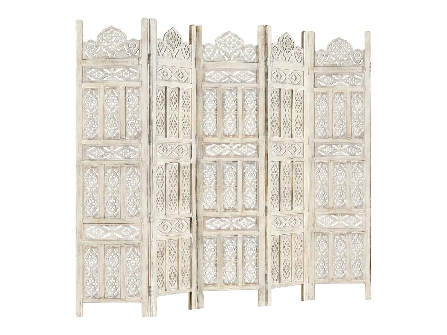Biombo 5 paneles tallado a mano madera mango blanco 200x165 cm