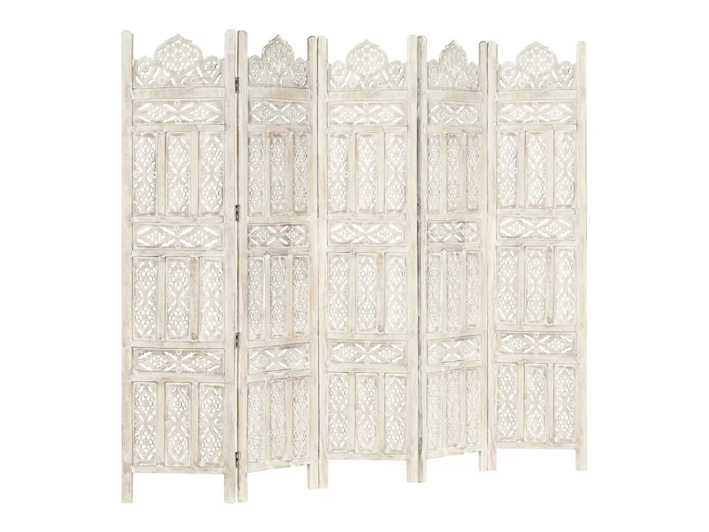Biombo 5 paneles tallado a mano madera mango blanco 200x165 cm