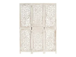 Biombo 3 paneles tallado a mano madera mango blanco 120x165 cm