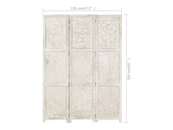Biombo 3 paneles tallado a mano madera mango blanco 120x165 cm
