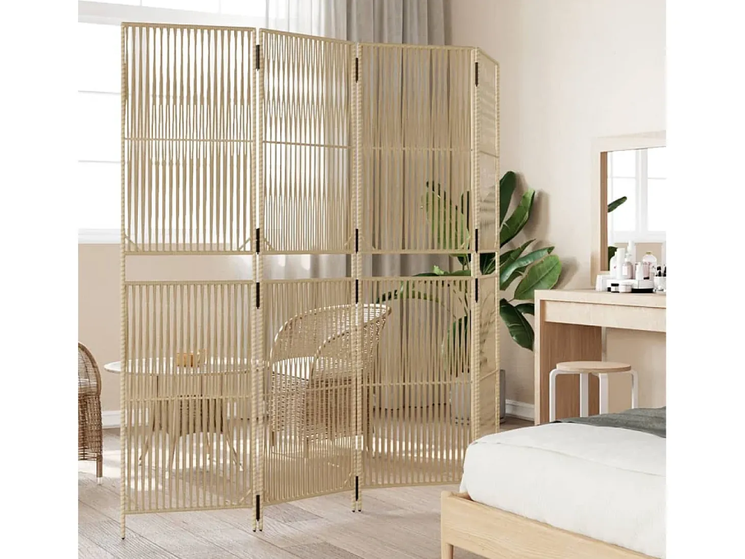 Biombo de 4 paneles ratán sintético beige ES964766